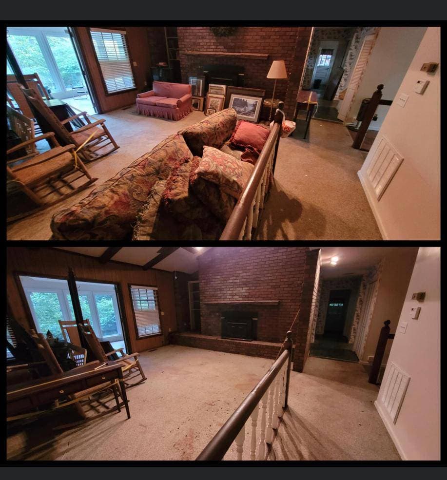 Before and after living room cleanup collage showing furniture and picture frames removed to reopen the floor around a brick fireplace.