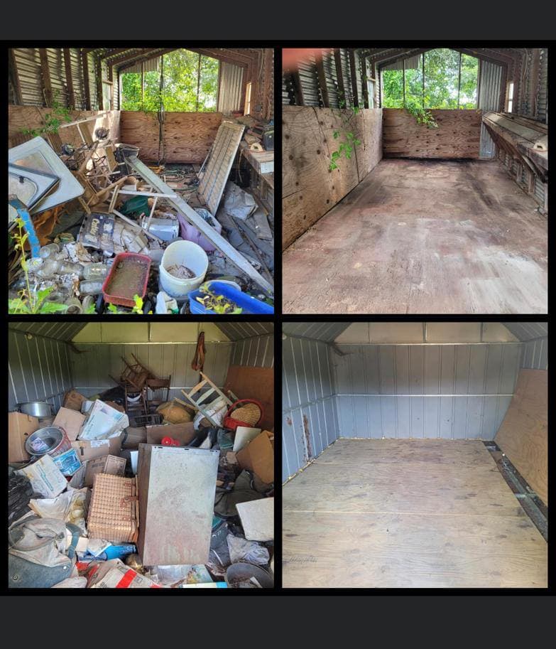 Before and after shed cleanup collage showing debris-filled storage spaces cleared down to open floors and walls.